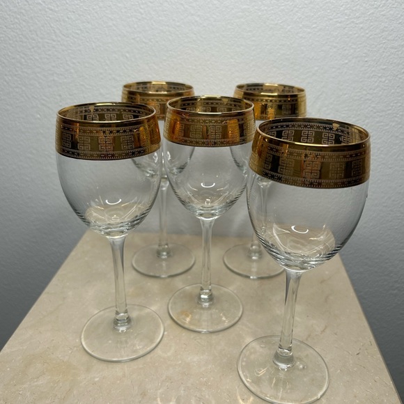 5 Gold Rimmed Greek Key Patterned Italian Lavarato a Mano J Preziosi Glasses - Picture 2 of 12